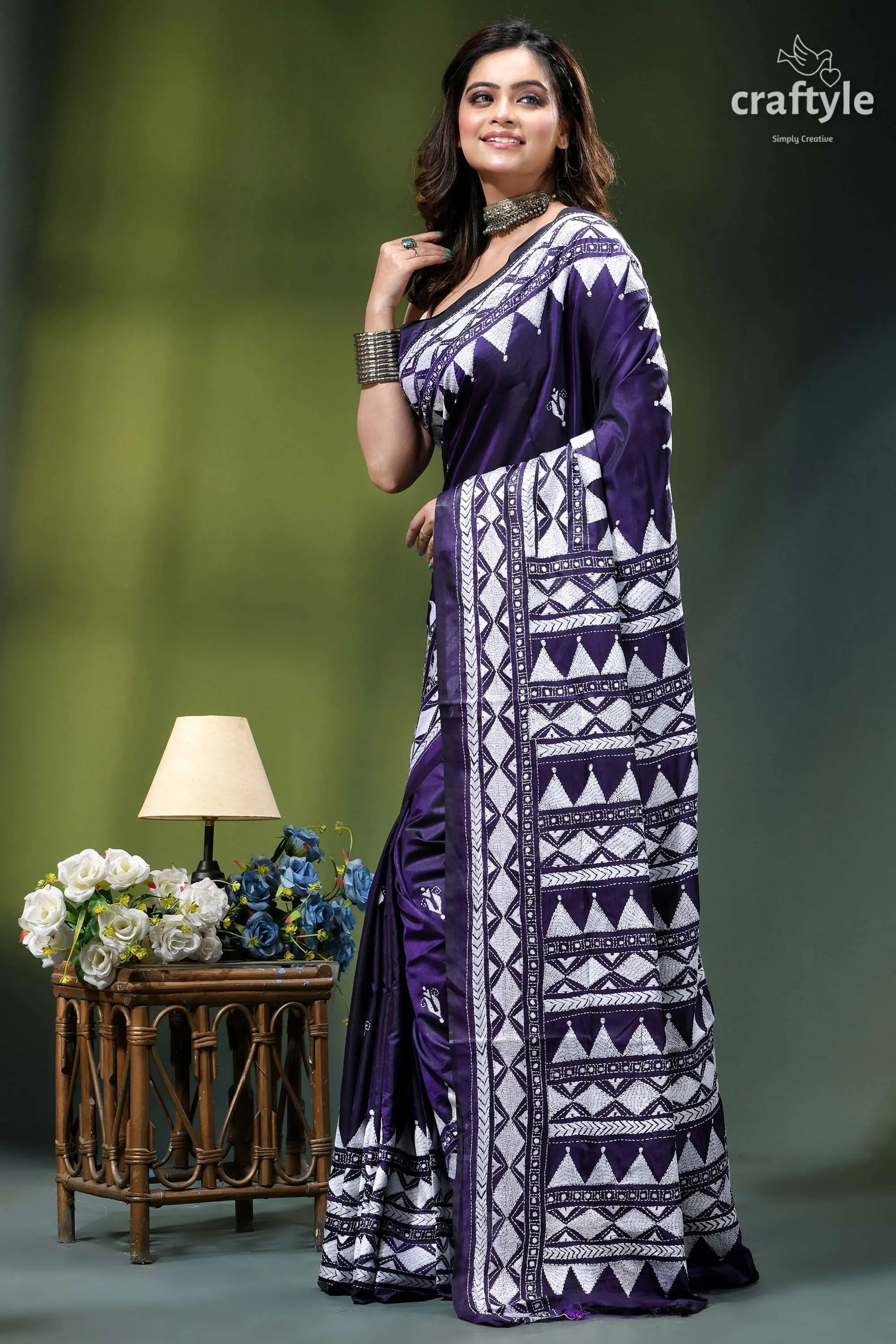 Dark purple white hand embroidered silk kantha saree woman wears deep purple saree 3