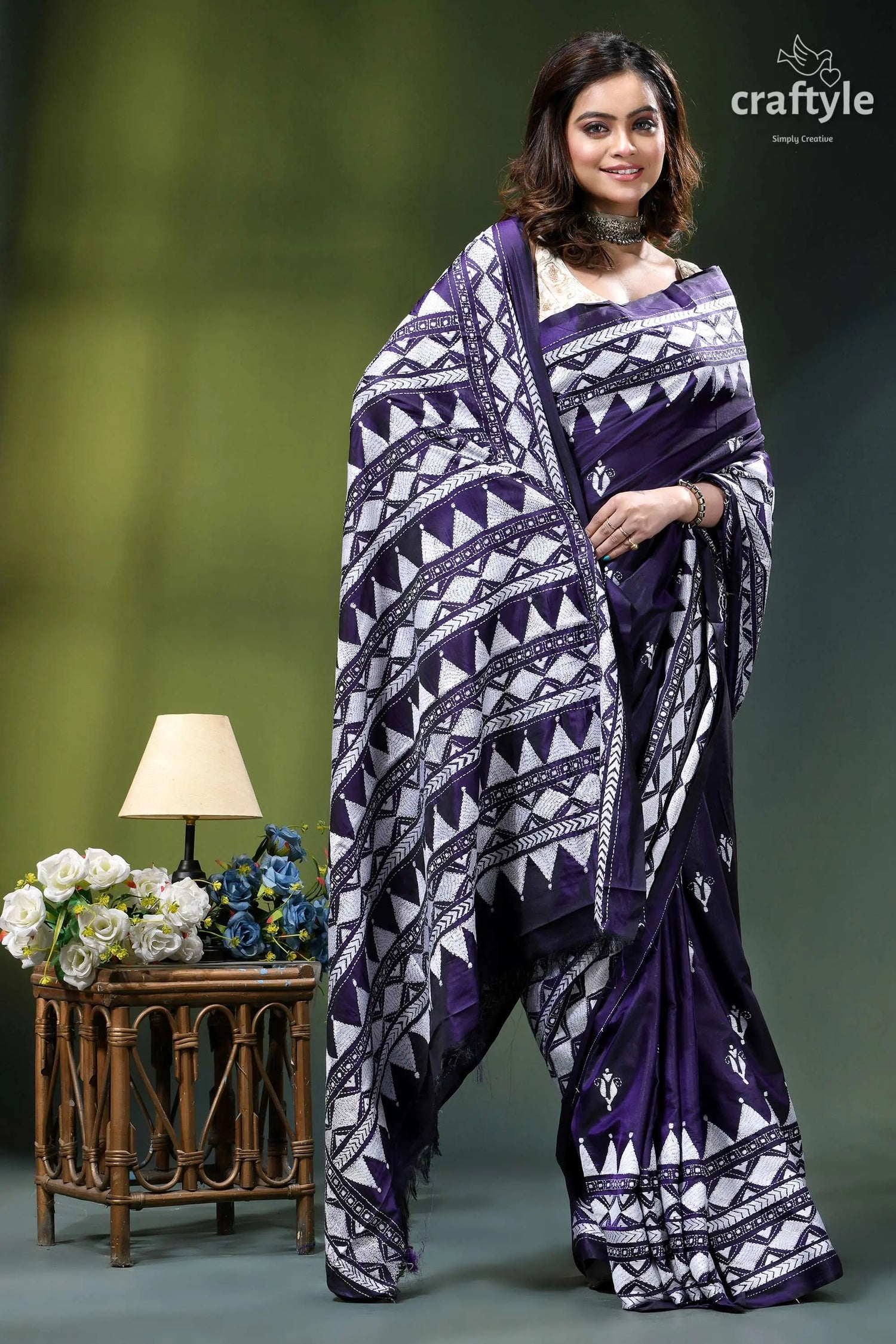 Dark purple white hand embroidered silk kantha saree woman wears purple white geometric-patterned 5