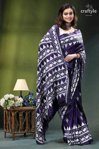 Dark purple white hand embroidered silk kantha saree woman wears purple white geometric-patterned 5