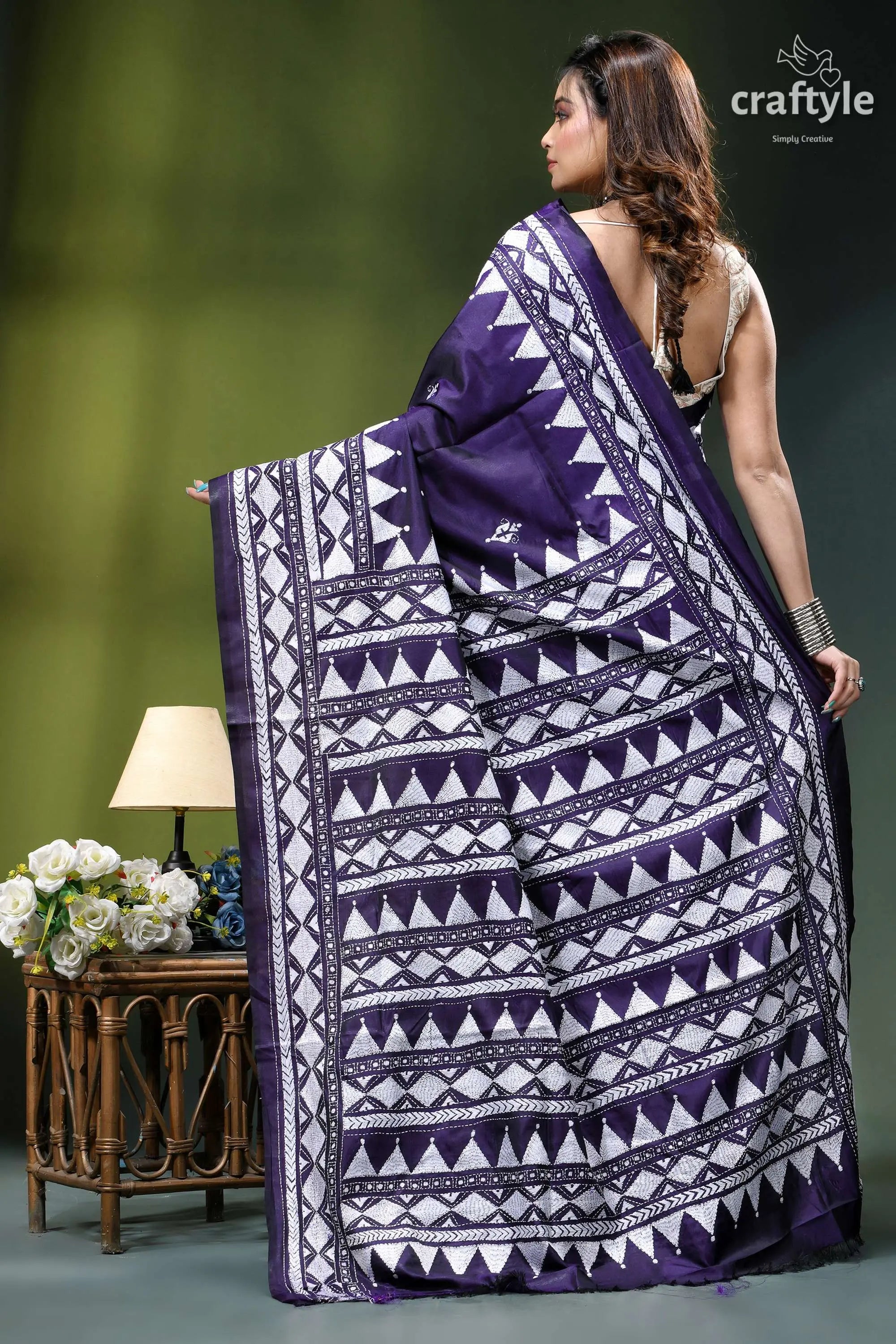 Dark purple white hand embroidered silk kantha saree purple white geometric-patterned saree traditional 6