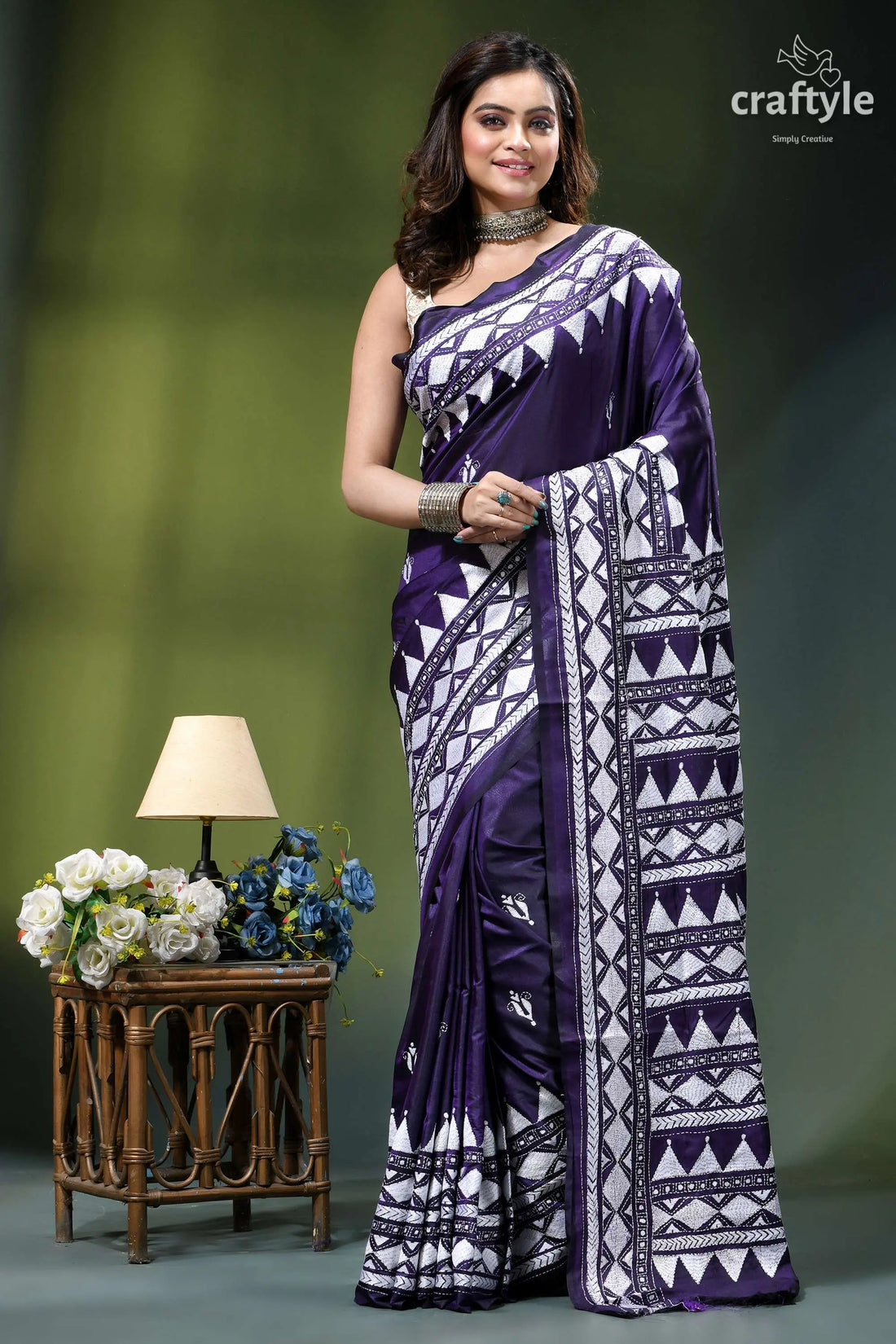 Dark purple white hand embroidered silk kantha saree woman wears deep purple saree 1