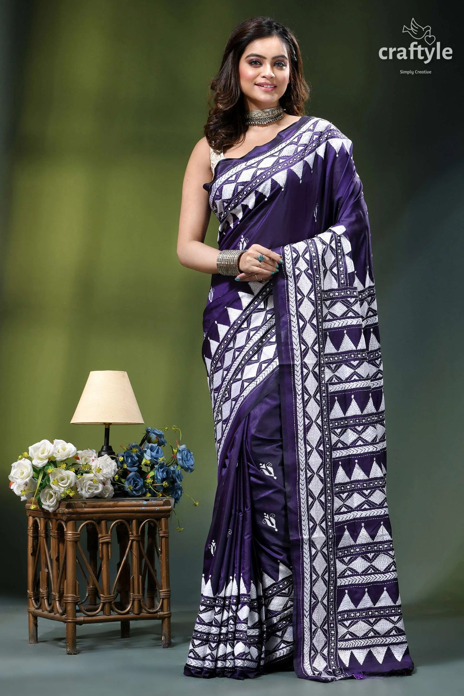 Dark purple white hand embroidered silk kantha saree woman wears deep purple saree 1
