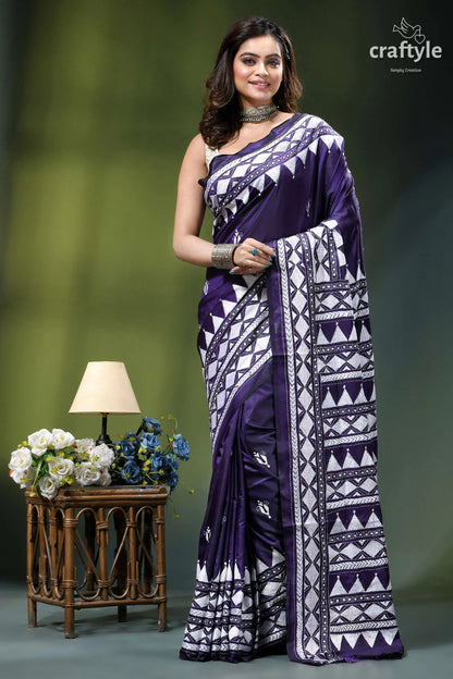 Dark purple white hand embroidered silk kantha saree woman wears deep purple saree 1