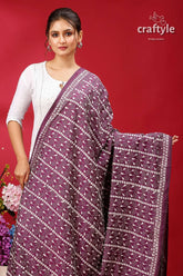 Dark purple-white silk kantha dupatta - hand embroidered shawl maroon white handwoven cotton saree 2