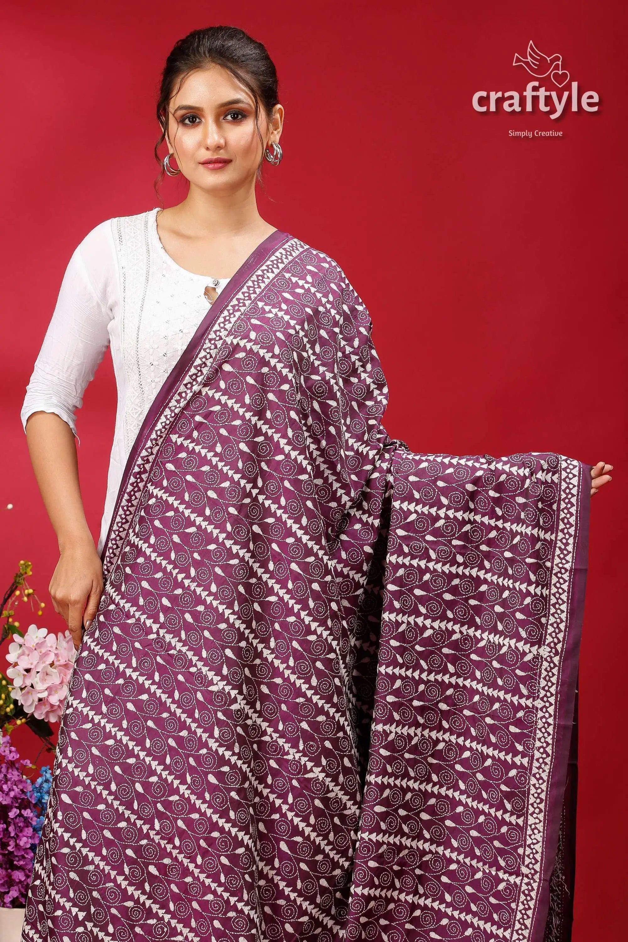 Dark purple-white silk kantha dupatta - hand embroidered shawl maroon white handwoven cotton saree 2