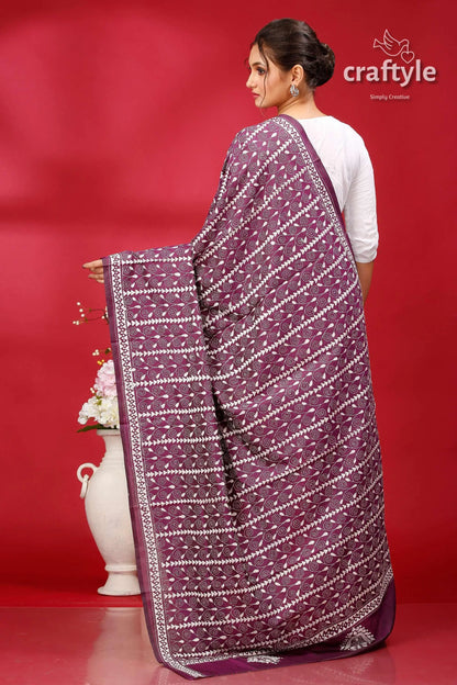 Dark purple-white silk kantha dupatta - hand embroidered shawl purple white handwoven saree intricate 4