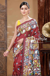 Dark Reddish Brown Silk Kantha Stitch Saree-Craftyle