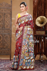 Dark Reddish Brown Silk Kantha Stitch Saree-Craftyle