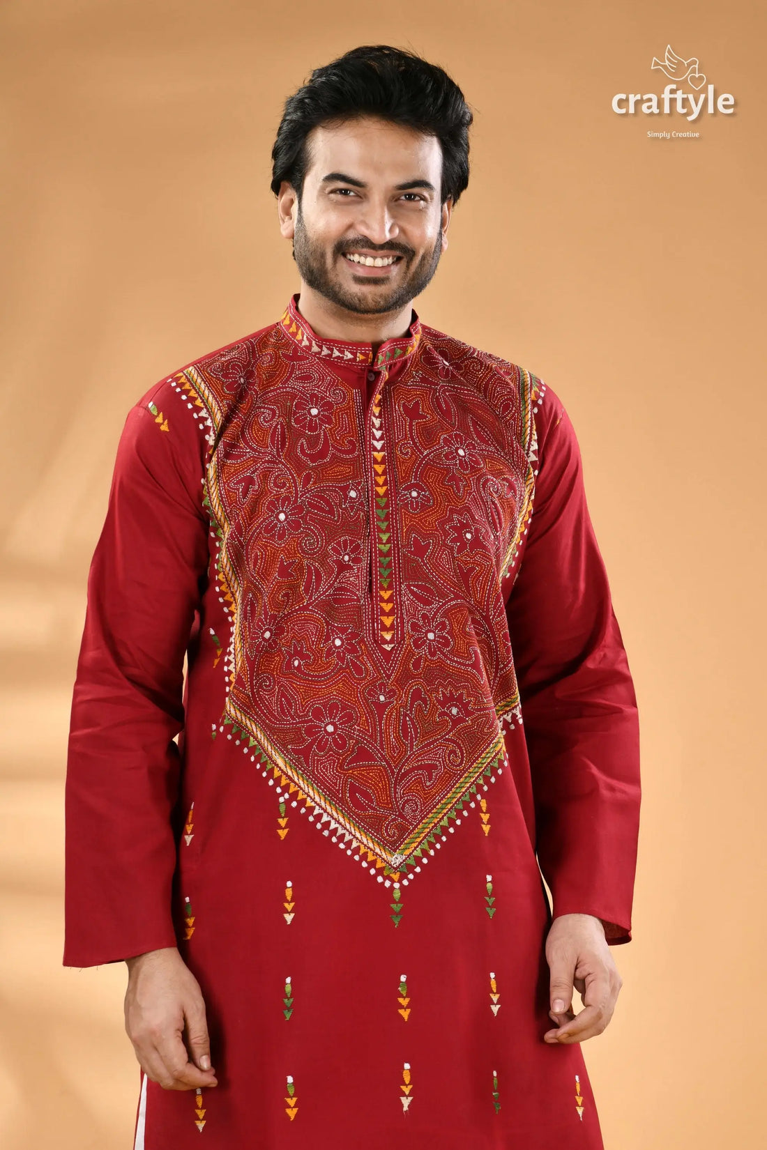 Dark scarlet kantha stitch ethnic cotton kurta for men reverse men’s red embroidered cotton kurta 2