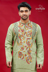 Dark sea green kantha work hand embroidery men’s kurta embroidered light 2
