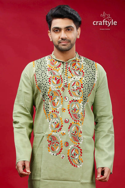 Dark sea green kantha work hand embroidery men’s kurta embroidered light 2