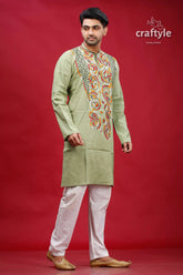Dark sea green kantha work hand embroidery men’s kurta embroidered light white 4