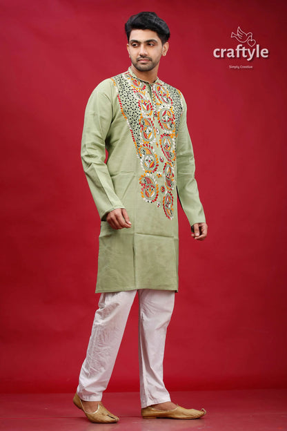 Dark sea green kantha work hand embroidery men’s kurta embroidered light white 4
