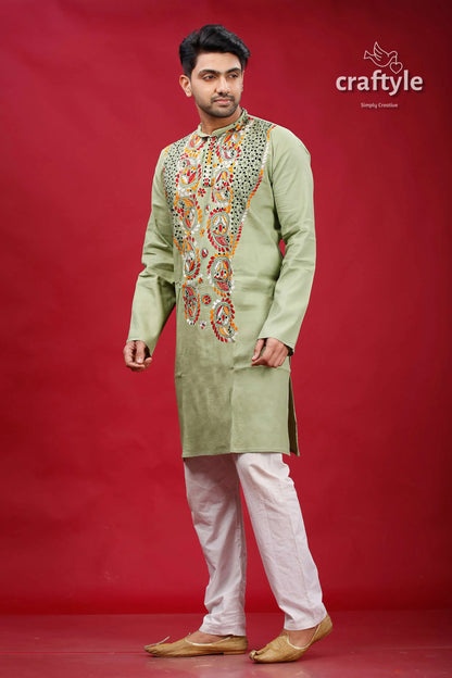 Dark sea green kantha work hand embroidery men’s kurta embroidered light white 3