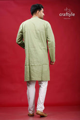 Dark sea green kantha work hand embroidery men’s kurta man white pants 5