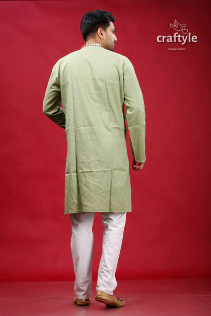 Dark sea green kantha work hand embroidery men’s kurta man white pants 5