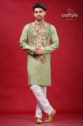 Dark sea green kantha work hand embroidery men’s kurta man embroidered white pants 1