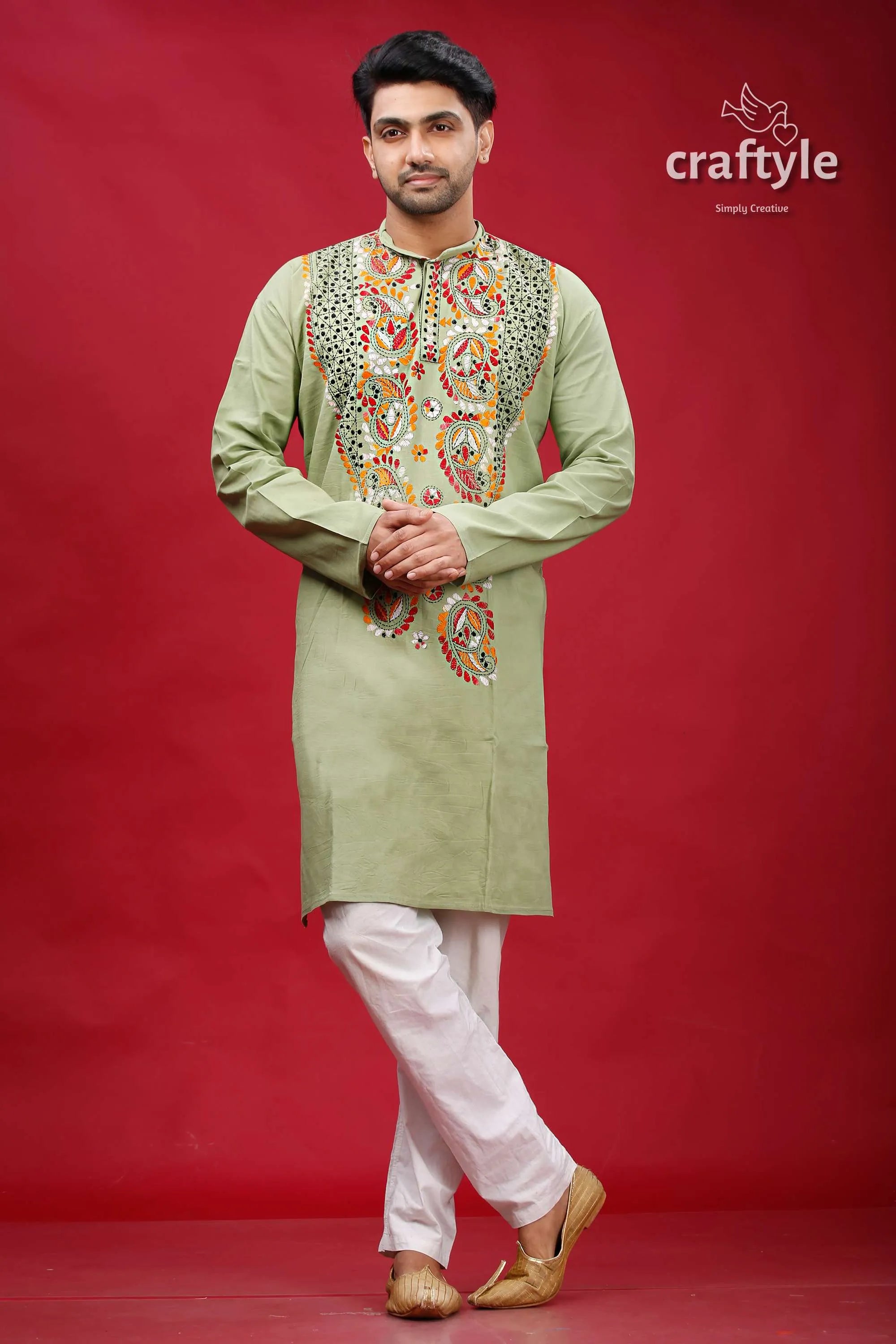 Dark sea green kantha work hand embroidery men’s kurta man embroidered white pants 1