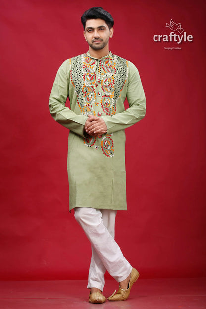 Dark sea green kantha work hand embroidery men’s kurta man embroidered white pants 1