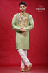 Dark sea green kantha work hand embroidery men’s kurta man embroidered white pants 1