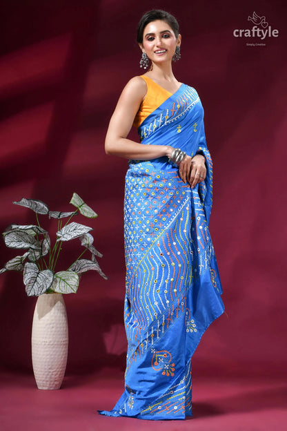 Dark sky blue multi-thread silk gujrati stitch saree - mirror work vibrant blue silk saree intricate 4