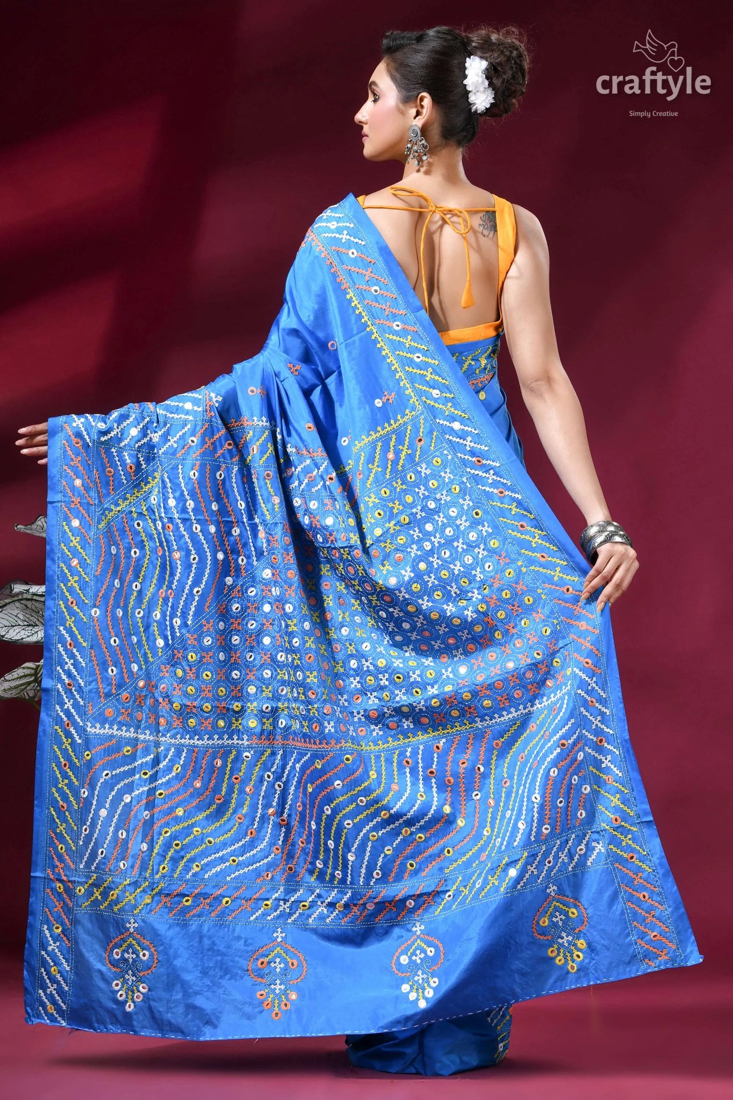 Dark sky blue multi-thread silk gujrati stitch saree - mirror work vibrant blue silk saree adorned 6
