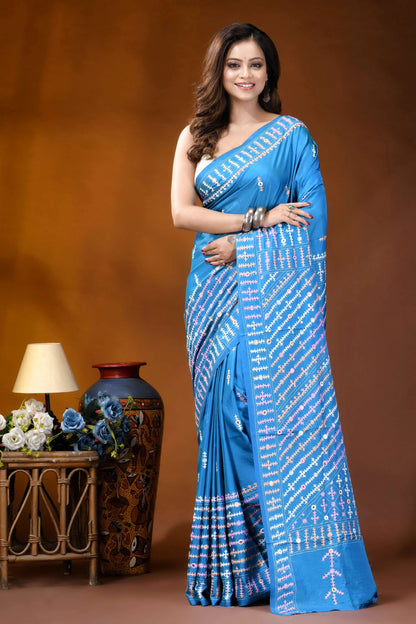Dark sky blue multithread ethnic design kutch embroidery silk saree - mirror work vibrant blue saree adorned intricate 6