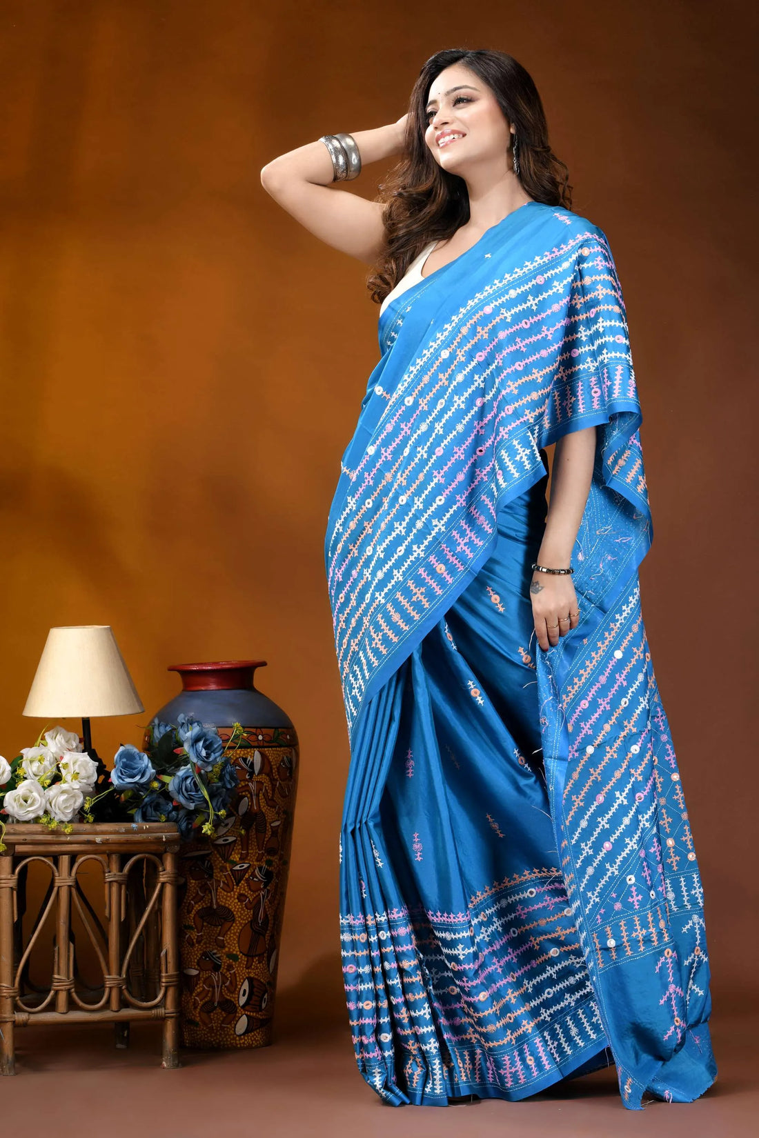 Dark sky blue multithread ethnic design kutch embroidery silk saree - mirror work vibrant blue silk saree adorned 1
