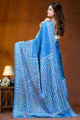 Dark sky blue multithread ethnic design kutch embroidery silk saree - mirror work vibrant blue silk saree adorned 5