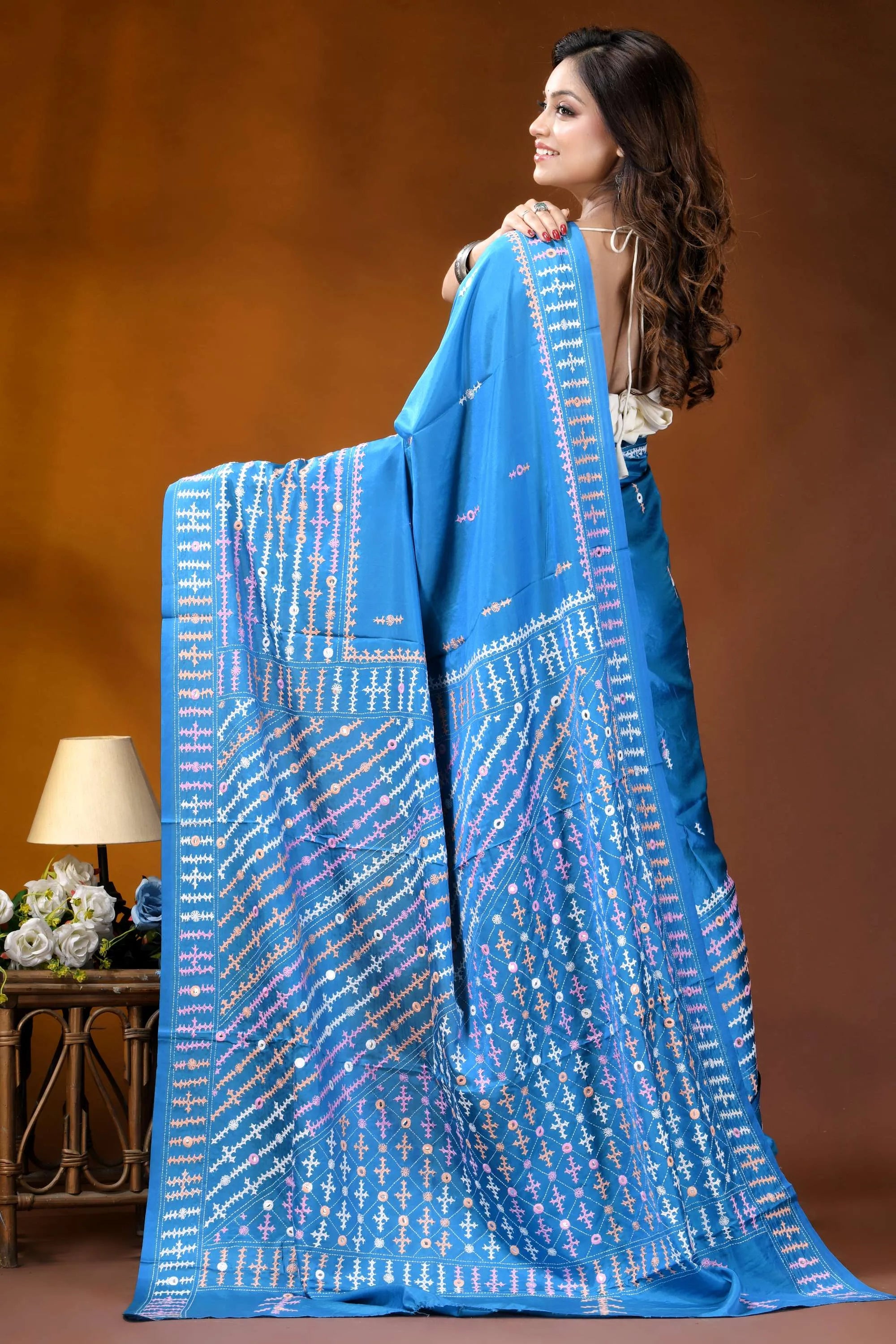 Dark sky blue multithread ethnic design kutch embroidery silk saree - mirror work vibrant blue silk saree adorned 5