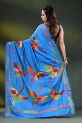 Dark sky blue silk kantha saree with hand embroidered flying heron motif 5