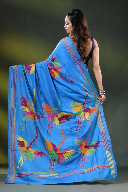 Dark sky blue silk kantha saree with hand embroidered flying heron motif 5