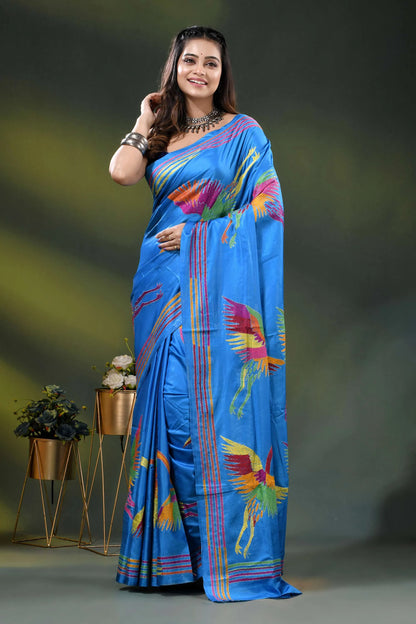 Dark sky blue silk kantha saree with hand embroidered flying heron motif 6
