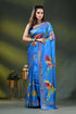 Dark sky blue silk kantha saree with hand embroidered flying heron motif 1