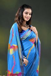 Dark sky blue silk kantha saree with hand embroidered flying heron motif 2