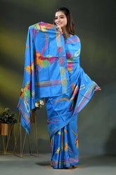 Dark sky blue silk kantha saree with hand embroidered flying heron motif 4