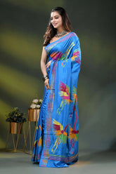 Dark sky blue silk kantha saree with hand embroidered flying heron motif 3