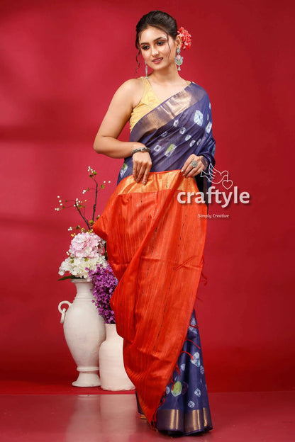 Dark slate blue bandhni silk saree - indian ethnic wear woman blue orange saree 4