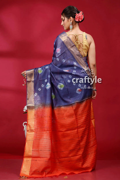 Dark slate blue bandhni silk saree - indian ethnic wear woman blue orange saree 5