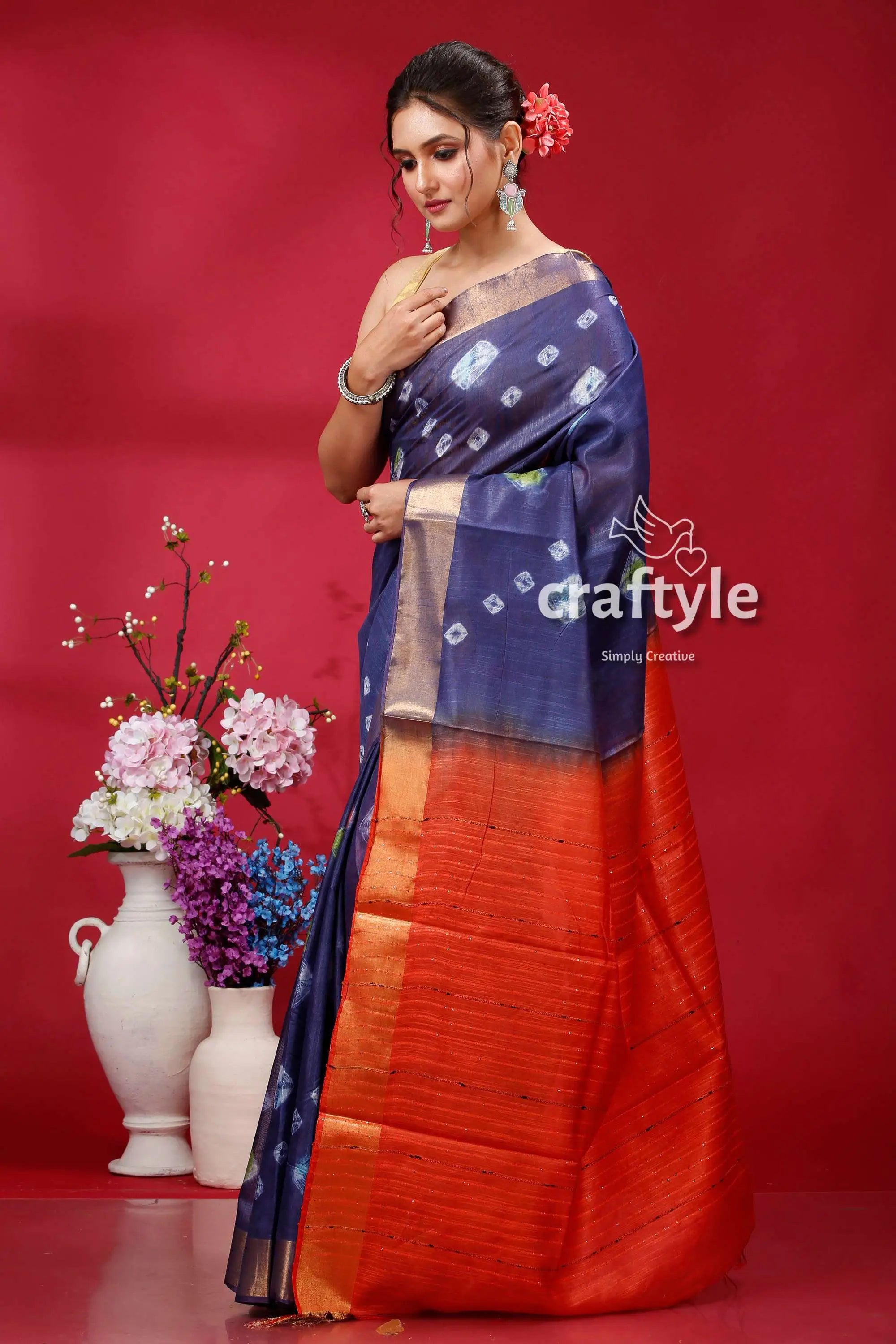 Dark slate blue bandhni silk saree - indian ethnic wear woman blue orange saree 3