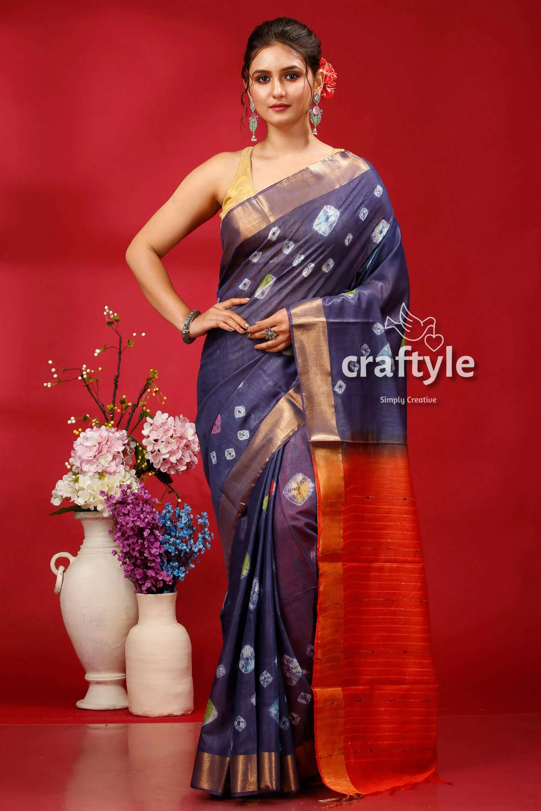 Dark slate blue bandhni silk saree - indian ethnic wear blue orange patterned saree 1