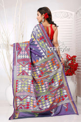 Dark slate blue-green dualtone hand embroidered silk kantha saree purple saree colorful geometric embroidery 4