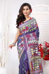Dark slate blue-green dualtone hand embroidered silk kantha saree woman purple saree colorful geometric 2