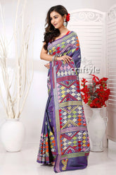 Dark slate blue-green dualtone hand embroidered silk kantha saree woman patterned purple saree 3