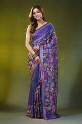 Dark slate blue kantha silk saree with multicolor floral design 1