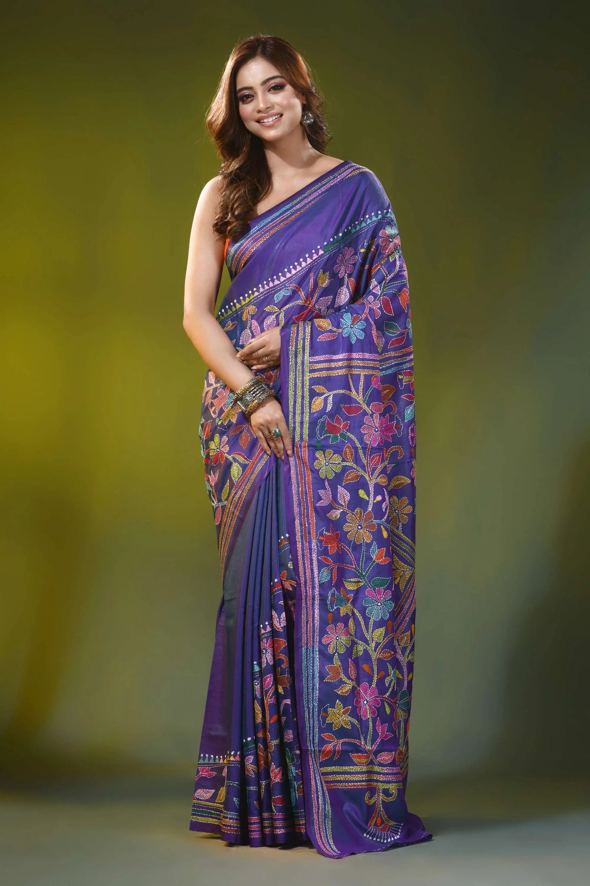 Dark slate blue kantha silk saree with multicolor floral design 1