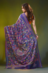 Dark slate blue kantha silk saree with multicolor floral design 4