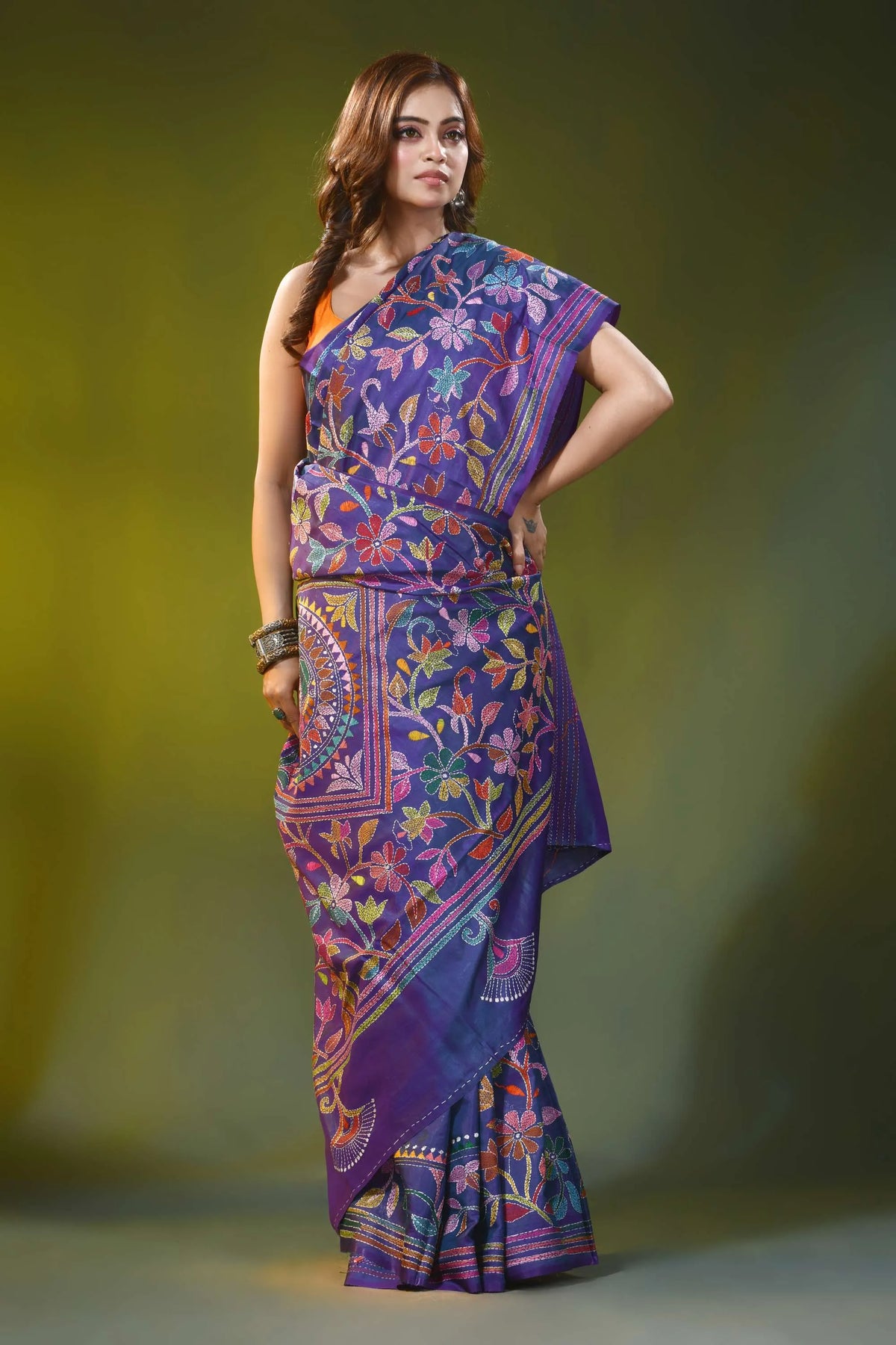 Dark slate blue kantha silk saree with multicolor floral design 5
