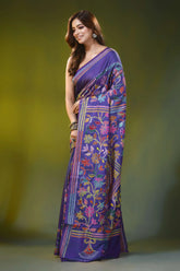 Dark slate blue kantha silk saree with multicolor floral design 3