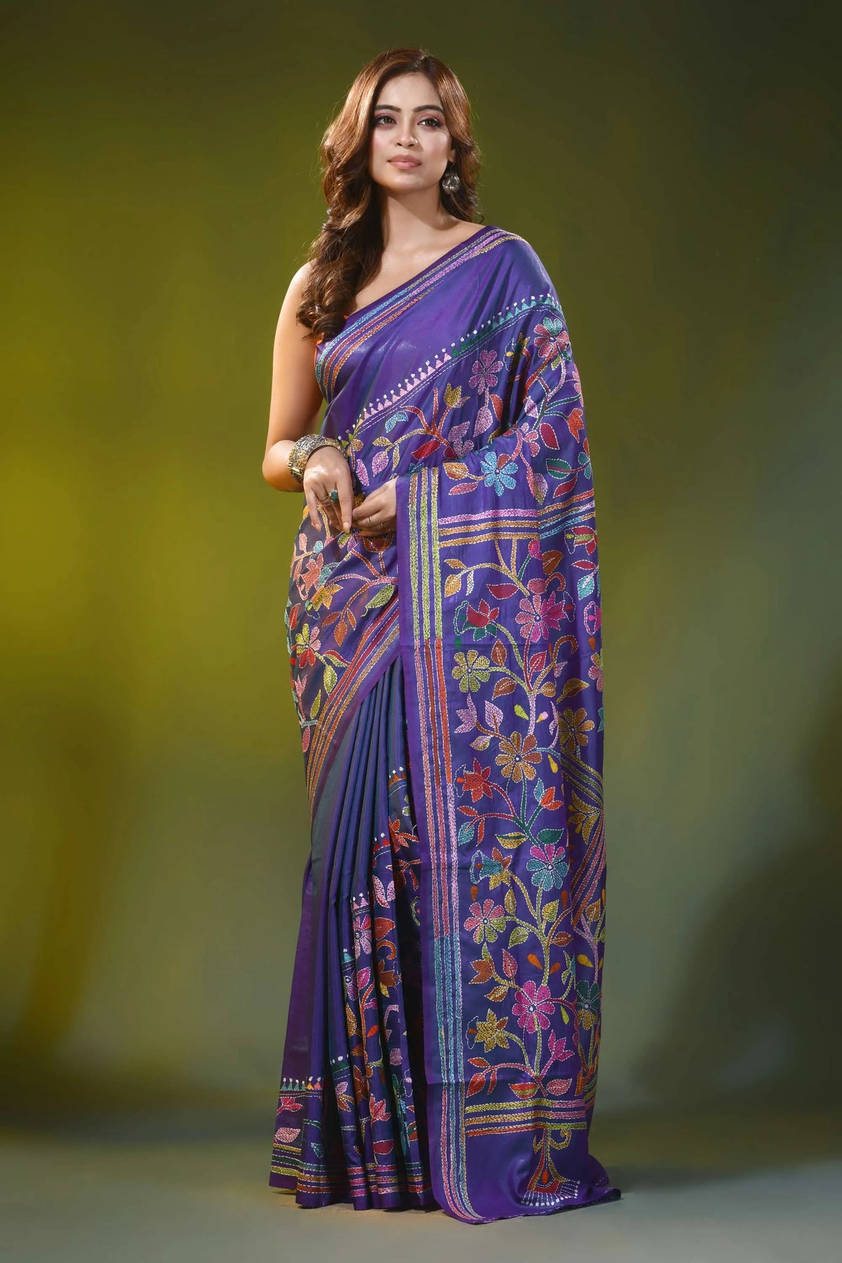 Dark slate blue kantha silk saree with multicolor floral design 6